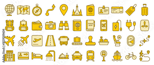 Travel and transportation solid icon set. containing passport, s