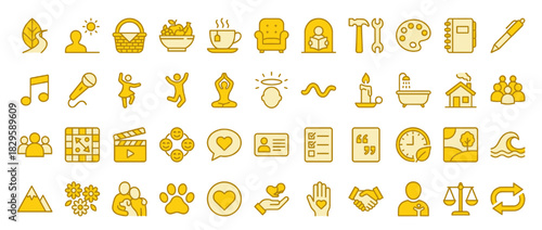 Lifestyle and wellness solid icon set. containing nature, food,