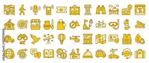 Travel and leisure solid icon set. containing map, microphone, c