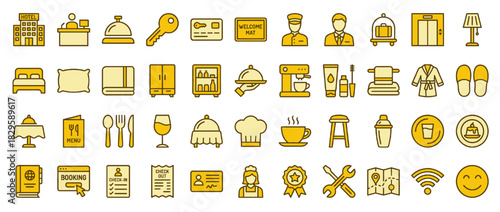 Hotel and hospitality solid icon set. including reception, key,