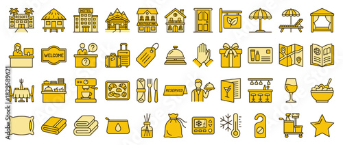 Hospitality and travel solid icon set. containing hotel, suitcas