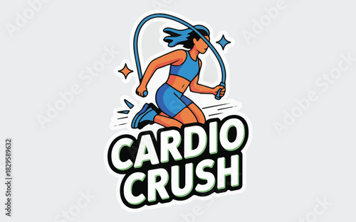 Cardio Crush Fitness Vector Illustration with Woman Jumping Rope Workout Sticker Design