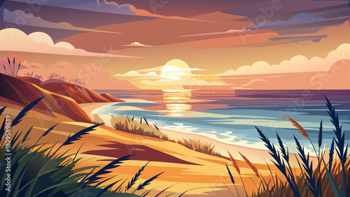Very beautiful peaceful coastal sunrise with soft dunes, tall sea grass, and warm glowing light across the shoreline, creating a serene seascape ideal for nature, travel, and coastal artwork.