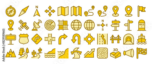 Map and navigation solid icon set. containing compass, arrow, ma