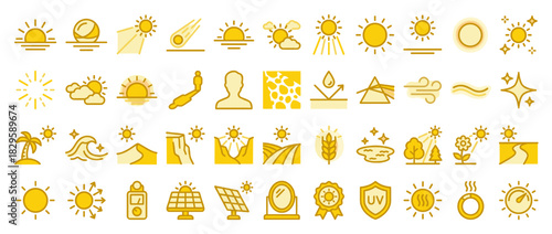 Sun and weather solid icon set. includes sunrise, sunset, sun, c