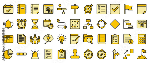 Business and productivity solid icon set. includes calendar, che