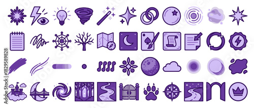 Mystical and nature solid icon set. containing moon, star, cloud