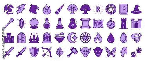 Fantasy and magic solid icon set. containing dragon, potion, spe