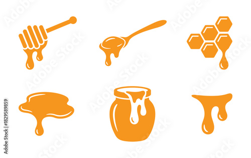 Set of honey dipper spoon honeycomb jar and drops icons