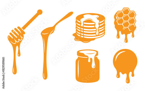 Set of honey dipper spoon pancakes jar honeycomb and blob icons