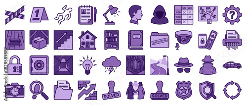 Security and investigation solid icon set. containing lock, dete