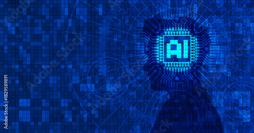 Vector abstract high technological dark blue banner. AI abbreviation. Artificial intelligence. Computer chip, pixels. Shadow of man. Technology