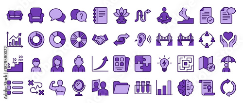 Business and mindfulness solid icon set. featuring analytics, co