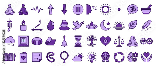 Meditation and wellness solid icon set. containing yoga, balance
