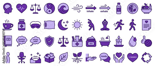 Wellness and self-care solid icon set. containing meditation, yo
