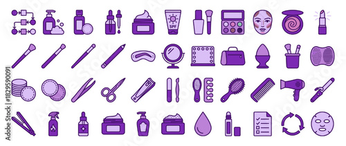 Beauty and makeup solid icon set. includes brush, cream, mascara