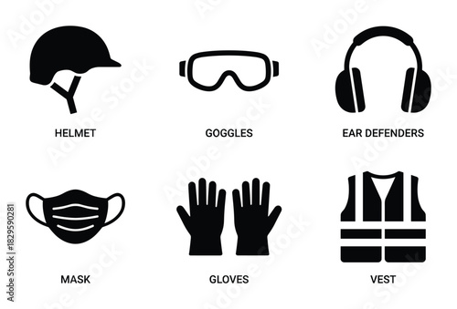 Set of personal protective equipment icons with text labels for safety including helmet, goggles, ear defenders, mask, gloves, and vest