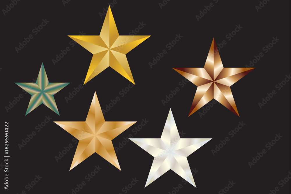 Obraz premium A digital graphic featuring five individual, five-pointed stars randomly arranged on a solid dark grey-to-black background, each star rendered with a distinct metallic, glossy gradient finish