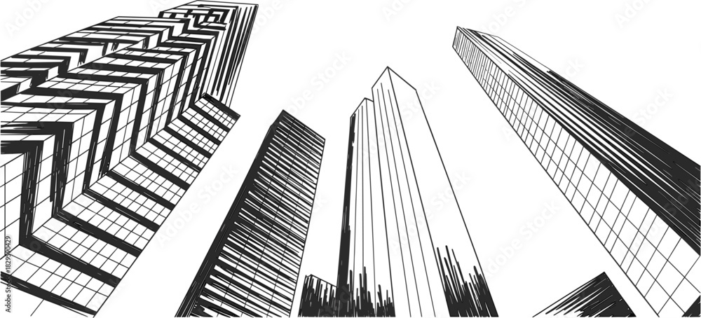 Fototapeta premium Skyscrapers Low Angle View Vector Illustration, Cityscape Sketch, Urban Architecture Drawing, Modern Business District, Abstract Perspective Line Art