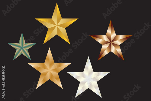 A digital graphic featuring five individual, five-pointed stars randomly arranged on a solid dark grey-to-black background, each star rendered with a distinct metallic, glossy gradient finish