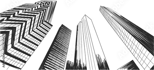 Skyscrapers Low Angle View Vector Illustration, Cityscape Sketch, Urban Architecture Drawing, Modern Business District, Abstract Perspective Line Art