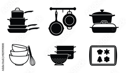 Cooking pots and pans set black white icons, kitchen utensils vector symbols collection