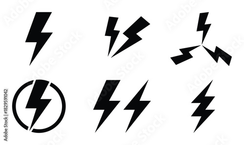 Variety of lightning bolt icons indicating electric power and high voltage