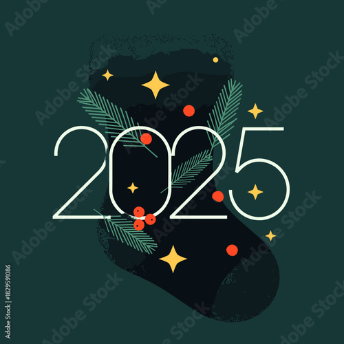 Elegant dark-themed 2025 illustration featuring a festive stocking decorated with branches, berries, and stars.
