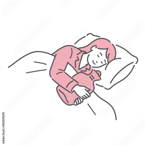 湯たんぽを抱きしめて安眠する女性のイラスト。