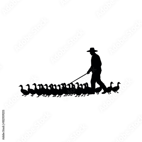 Farmer Herding Geese Silhouette.