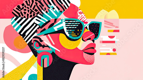 Vibrant and abstract pop art profile of stylish person adorned with bold geometric sunglasses and patterned headwrap, showcasing dynamic interplay of hot pink, bright yellow, teal, and black shapes ag