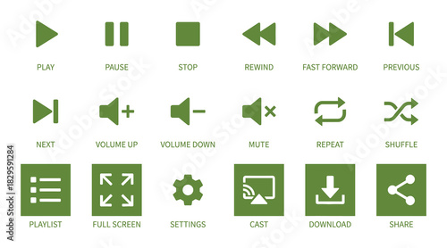 Media player control buttons including play pause stop next and previous functions for user interface design