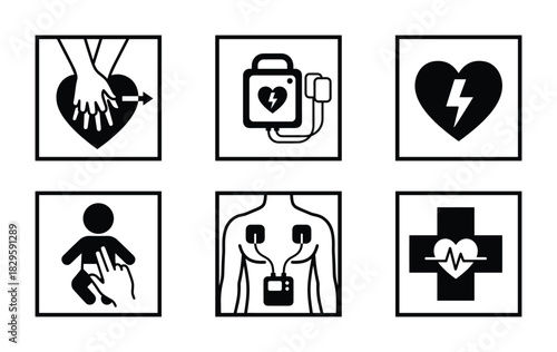 Medical first aid icons set, cpr and defibrillator procedure, health care emergency symbols collection