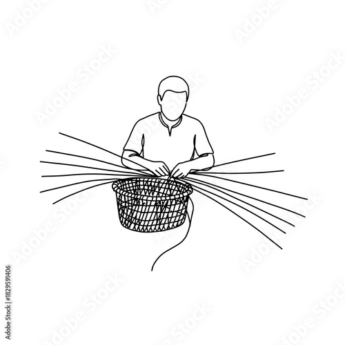 Hand drawn illustration of a man weaving a traditional basket.