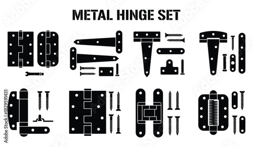 Metal hinge set in various forms with screws and accessories black silhouette on white background