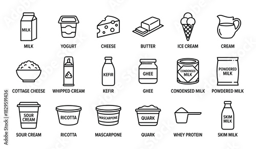 Collection of milk and dairy products line icons including milk, yogurt, cheese, butter, ice cream, cream, and cottage cheese