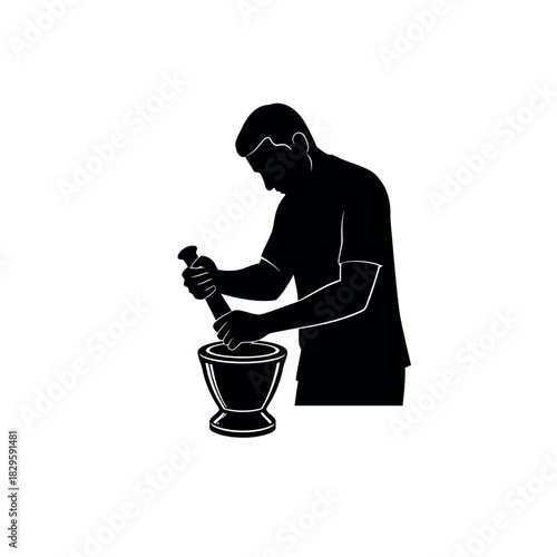 Man Grinding Spices in Mortar and Pestle Silhouette.