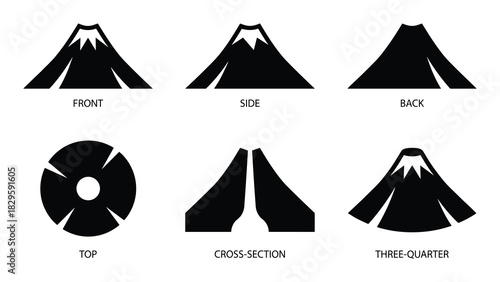 Mountain icon set showing different views of volcano with snow-capped peak including front side back top cross-section and three-quarter