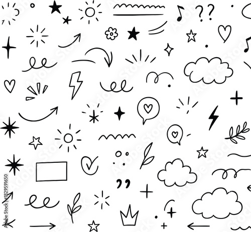 Set of Elements collection of line art design elements from a comic book, providing a variety of expression bubbles and visual cues for impact, speed. vector Illustration