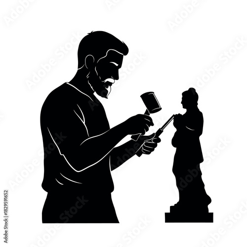 Sculptor Carving a Statue with Hammer and Chisel.