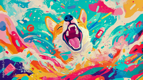 Vibrant pop art explosion featuring ecstatic Corgi dog with its mouth wide open amidst chaotic swirl of dynamic brushstrokes and confetti-like splashes in array of bright, joyful colors