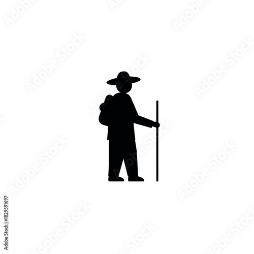 Silhouette icon of a hiker with a backpack and walking stick.