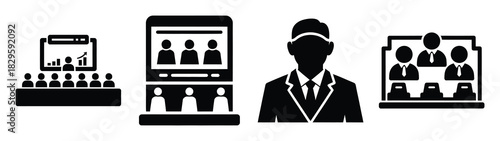 Set of vector trade conference icon. Business silhouette icons