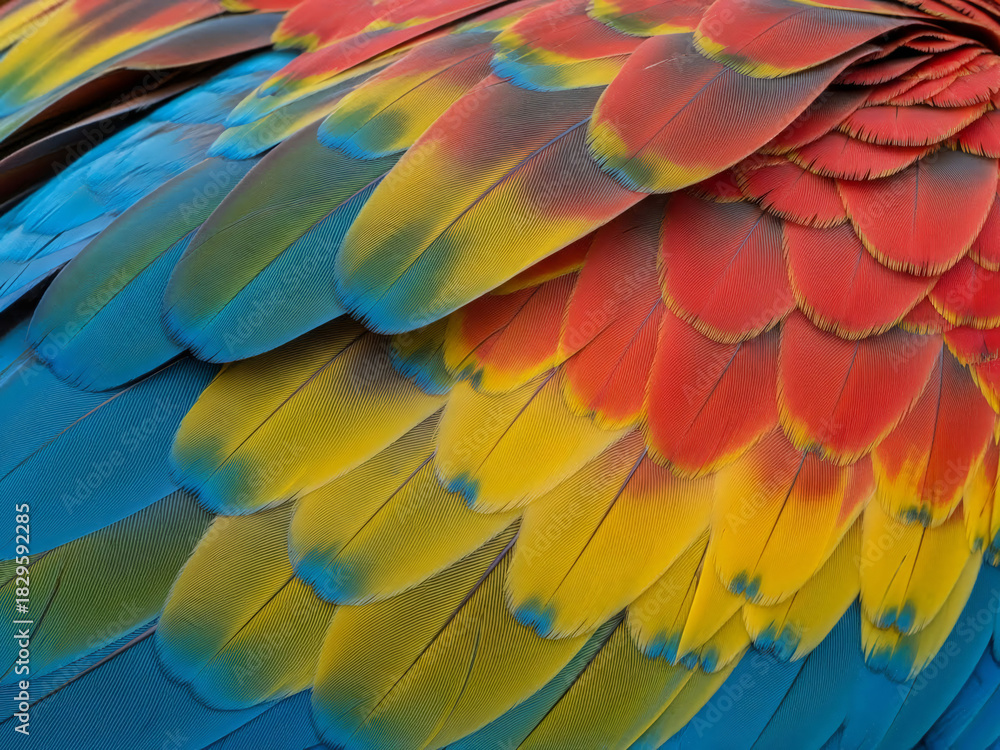 Obraz premium Vibrant Macaw Feathers: A Close-up of Nature's Colorful Artistry