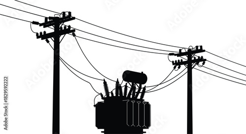 Electrical power distribution silhouette, utility poles with transformer, voltagevoltage lines