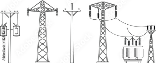 Electrical power transmission and distribution vector illustration, utility poles, lattice towers, transformers, insulators, overhead lines, infrastructure diagram for energy, engineering