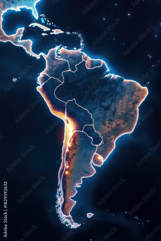 Fototapeta premium Vista satelital de Sudamérica bajo un cielo nocturno