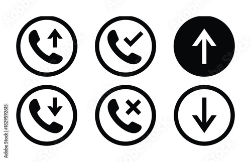 Set of phone call vector icons isolated on a white background, representing various call statuses like missed, incoming, outgoing, accepted, and rejected calls