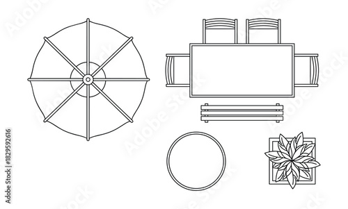 Outdoor patio furniture top view including table chairs sun umbrella and plant pot garden collection black and white vector set