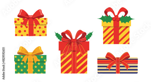 A vibrant collection of five festive gift boxes adorned with bows, ribbons, and holiday patterns, perfect for Christmas celebrations.